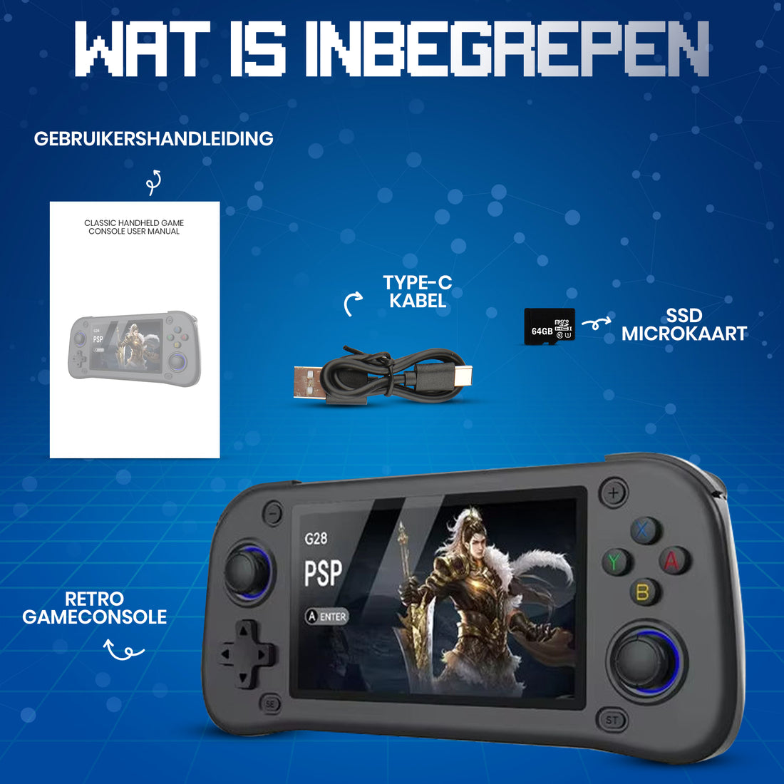 G28 Retro Handheld-Spielekonsole – 15.000 klassische Spiele (Blau)